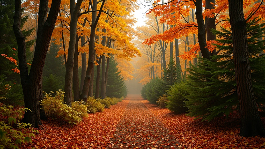 Autumn forest with golden and rust-colored larch and birch trees mixed with evergreen pines, carpet of fallen leaves