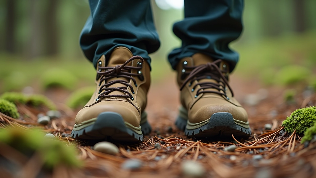 Close-up of hiking boots on a forest path, showing tread detail and weathered leather, surrounded by pine needles and moss