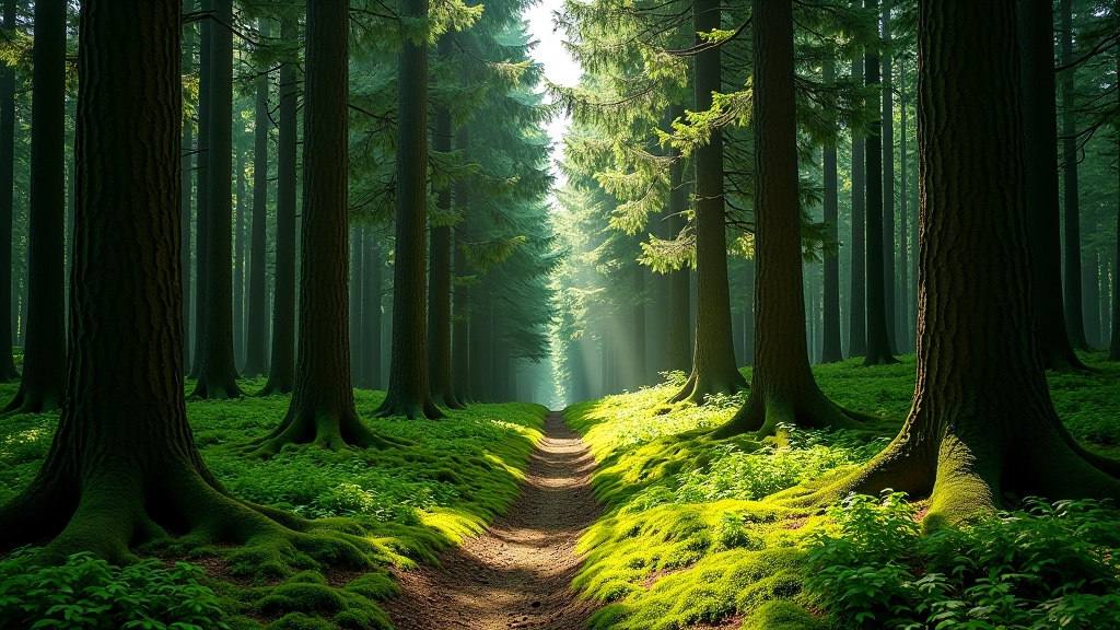 Dense summer forest with thick green pine canopy creating deep shade and cool woodland atmosphere