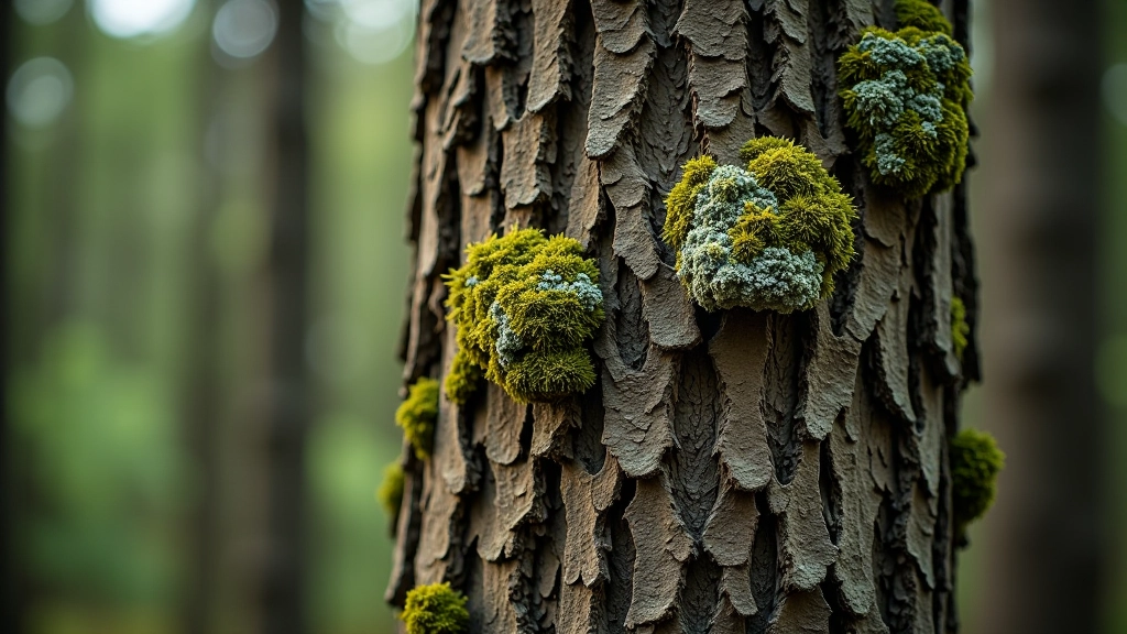 Close-up of pine tree bark texture with lichen patterns