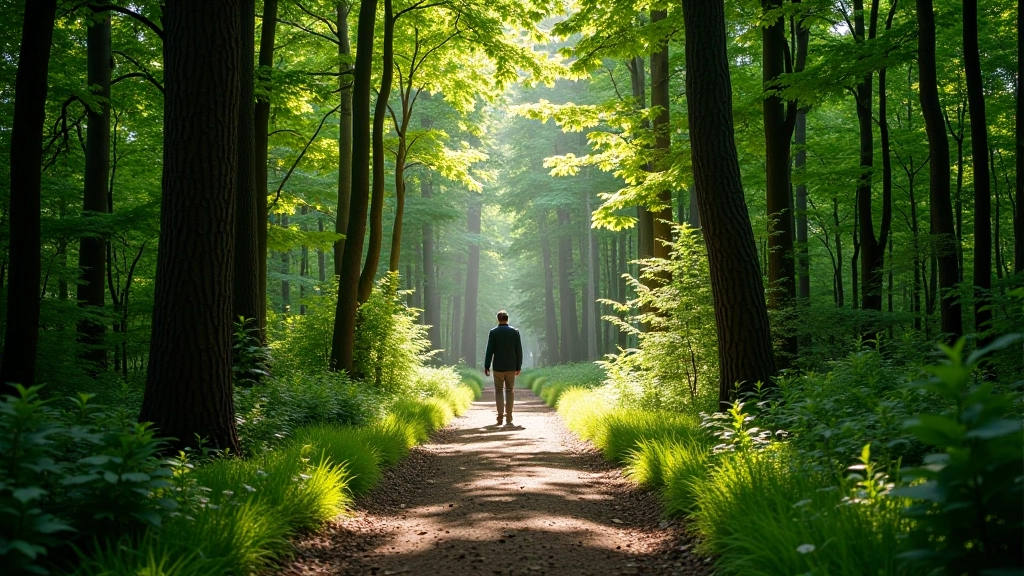 Forest path through mixed coniferous and deciduous trees showing diverse canopy and understory vegetation