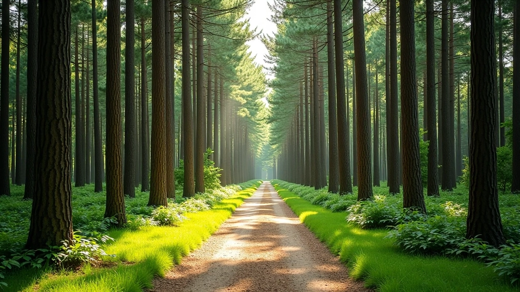 Older person walking on a well-maintained forest trail surrounded by tall pine trees, dappled sunlight filtering through the canopy