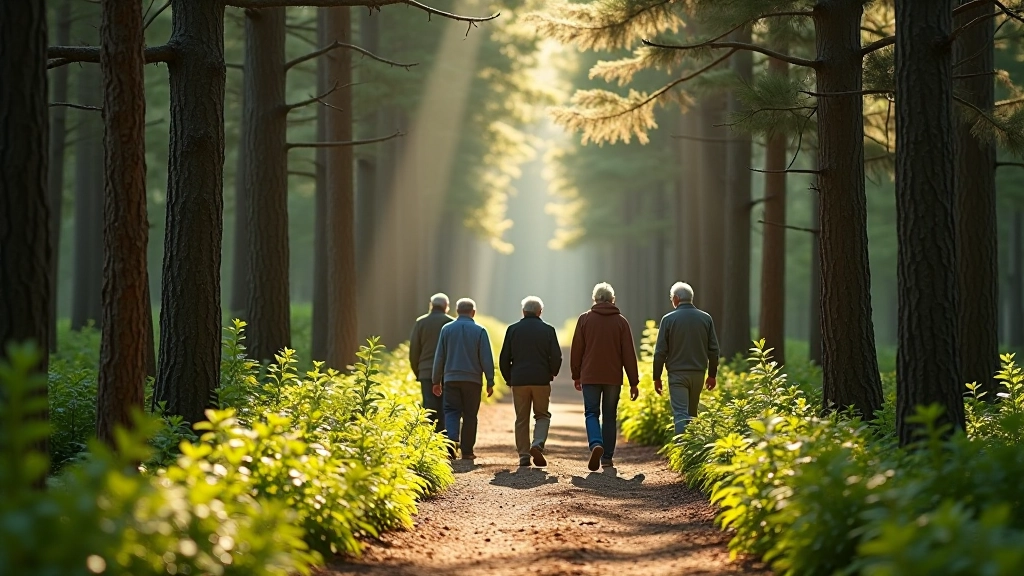 Guided dendrology trail through pine forest with walking group