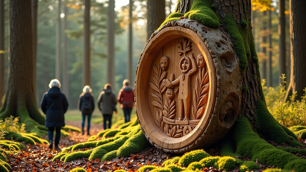 Wooden sculpture installation along nature trail with visitors