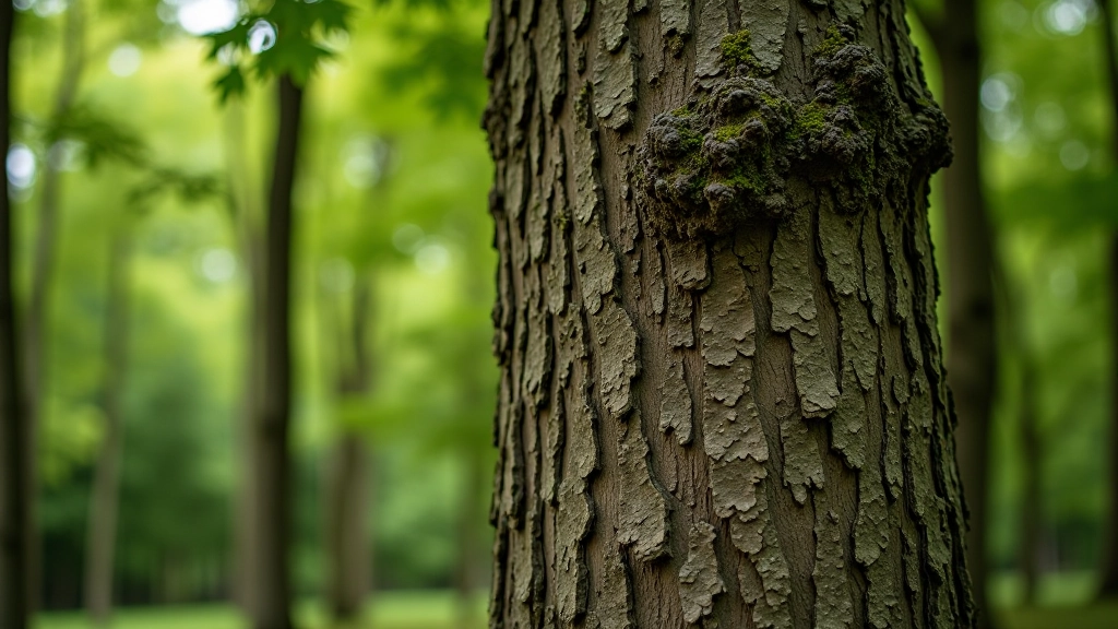 Oak tree showing thick furrowed bark texture and distinctive lobed leaf shape in natural forest lighting