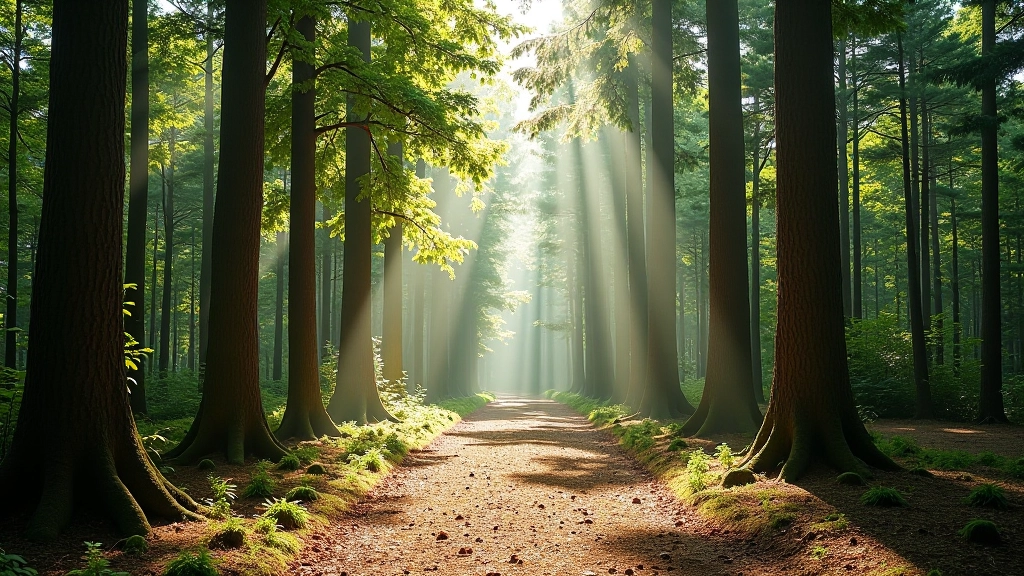 Peaceful pine forest interior showing ancient tree specimens and natural woodland environment