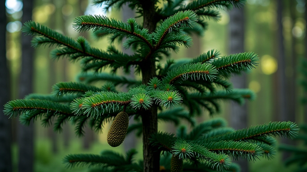 Spruce tree showing characteristic dense branching pattern and distinctive needle arrangement and cone structure