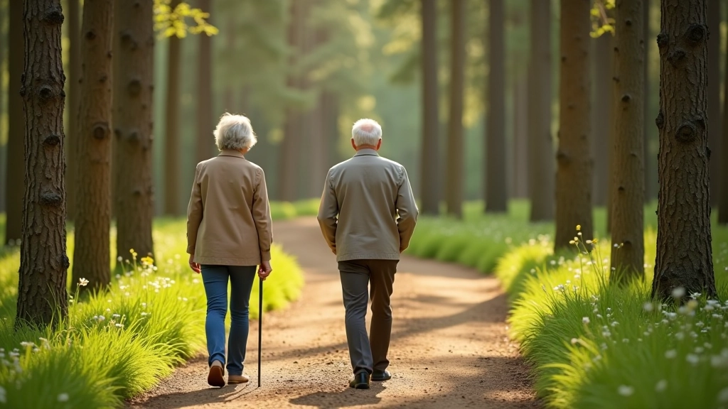 Two people walking slowly on a forest path, stopping to look at a wooden sculpture in the distance, relaxed pace