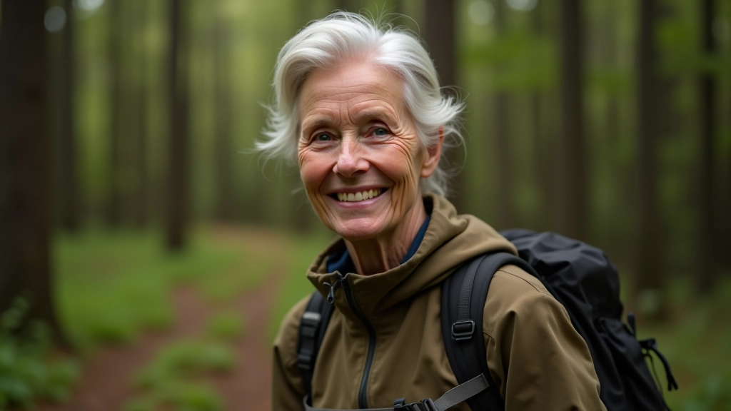 Older person wearing comfortable hiking clothes and backpack standing on a forest trail, smiling at the camera