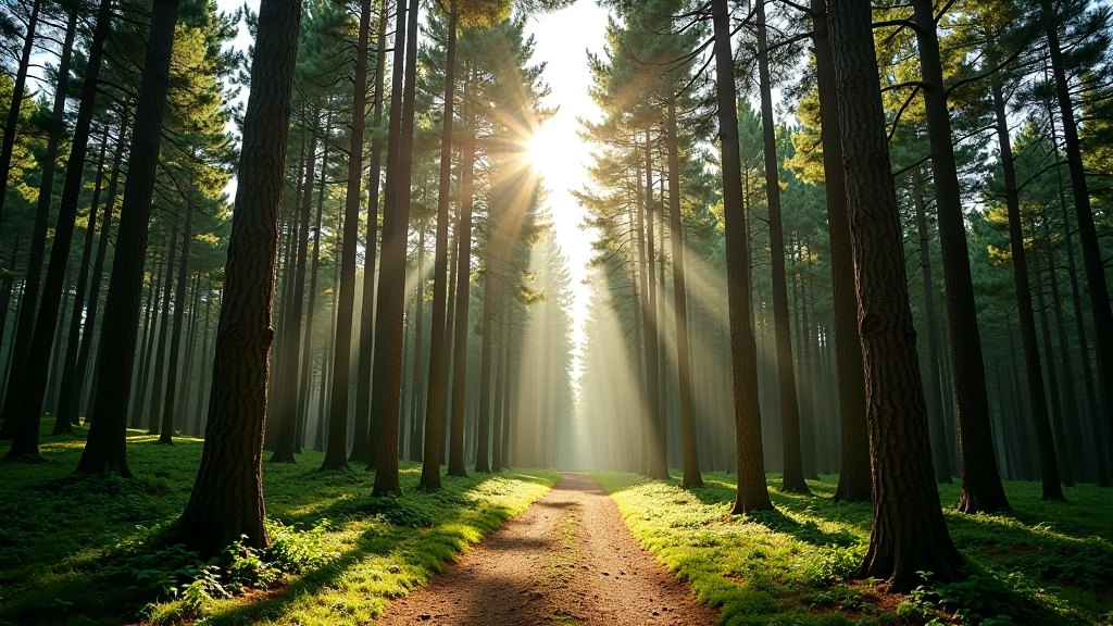 Pine forest canopy with dappled sunlight creating patterns on the forest floor