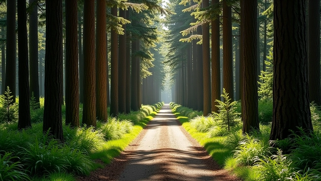 Scenic forest trail lined with tall pine trees and morning sunlight filtering through branches