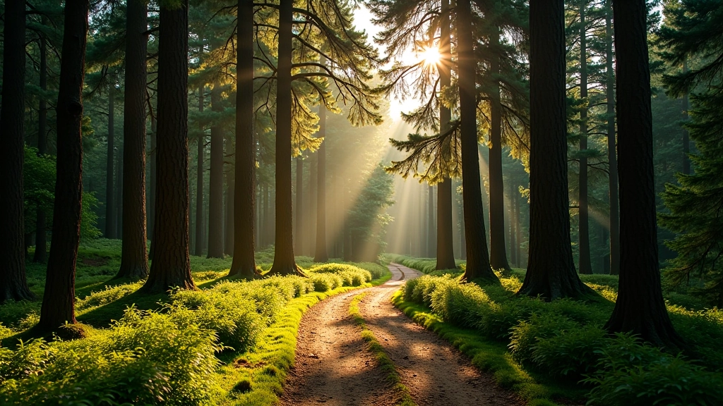 Sunlight filtering through tall pine trees on forest trail
