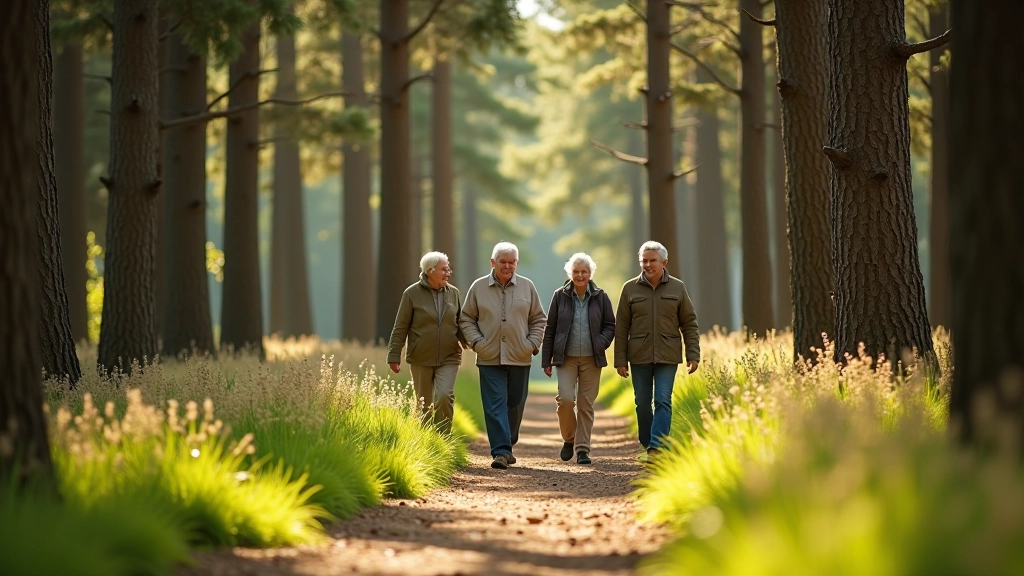 Group of visitors walking together on forest trail surrounded by trees