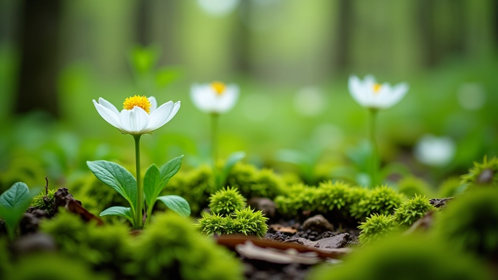 Spring forest floor covered with white wood anemone flowers and delicate green ferns emerging