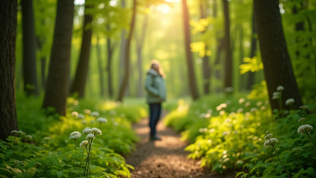 Forest path in spring with fresh green growth, person in light jacket looking at the canopy, pleasant weather conditions