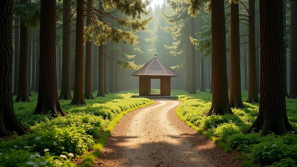Forest path with wooden sculpture visible ahead, walking trail through pine trees with dappled sunlight on path