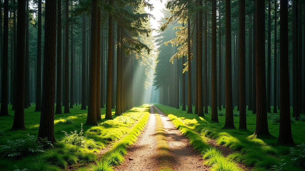 Scenic pine forest pathway with tall trees and dappled sunlight creating natural patterns on the ground