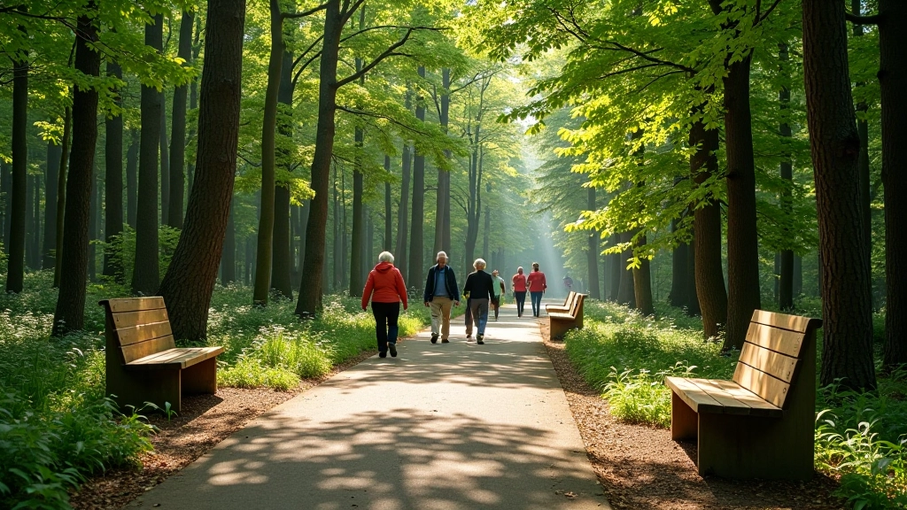 Accessible woodland experience with rest benches and clear signage