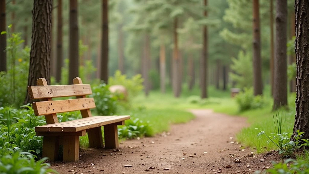 Wooden bench on a forest path near a wooden sculpture, with clear views through the pine trees and natural lighting