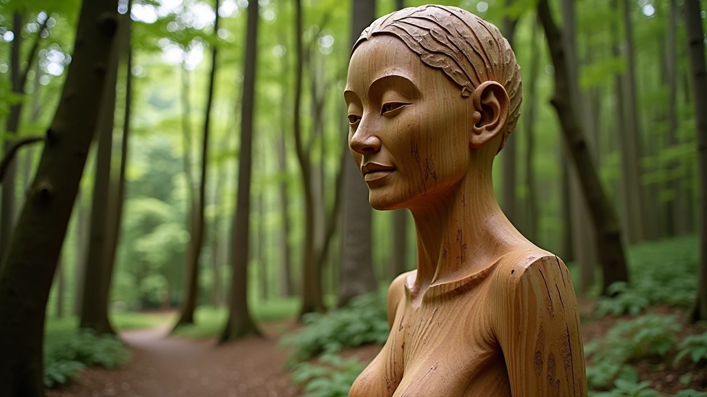 Artistic wooden sculpture integrated into the natural forest landscape