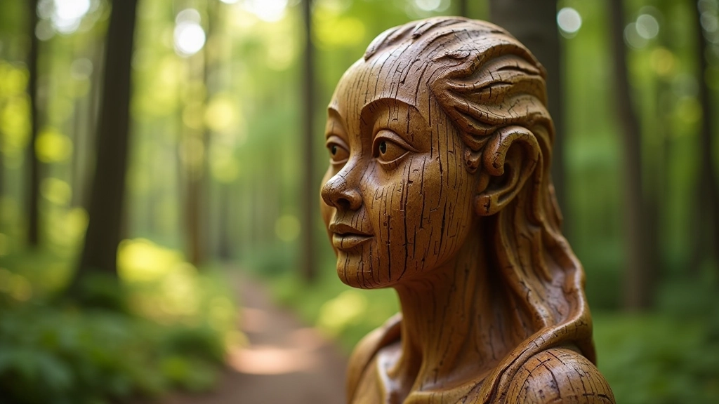 Close-up of wooden sculpture showing detailed carving and wood texture in forest setting with soft natural light