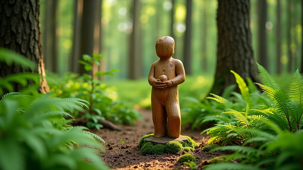 Wooden sculpture artwork carved from wood in a forest clearing among green trees and ferns