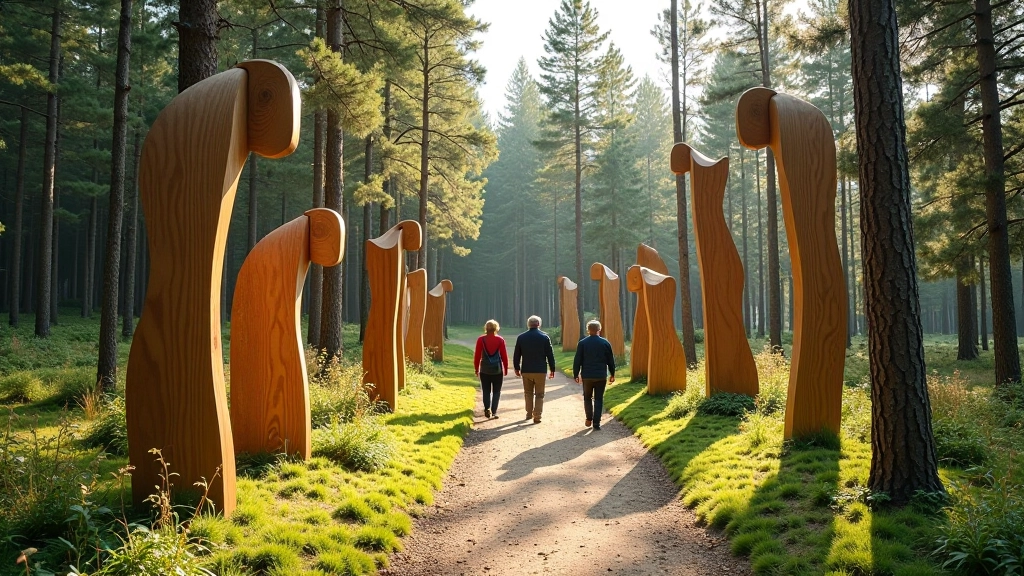 Multiple wooden sculptures arranged along forest trail, various heights and carved styles, visitors walking past in background